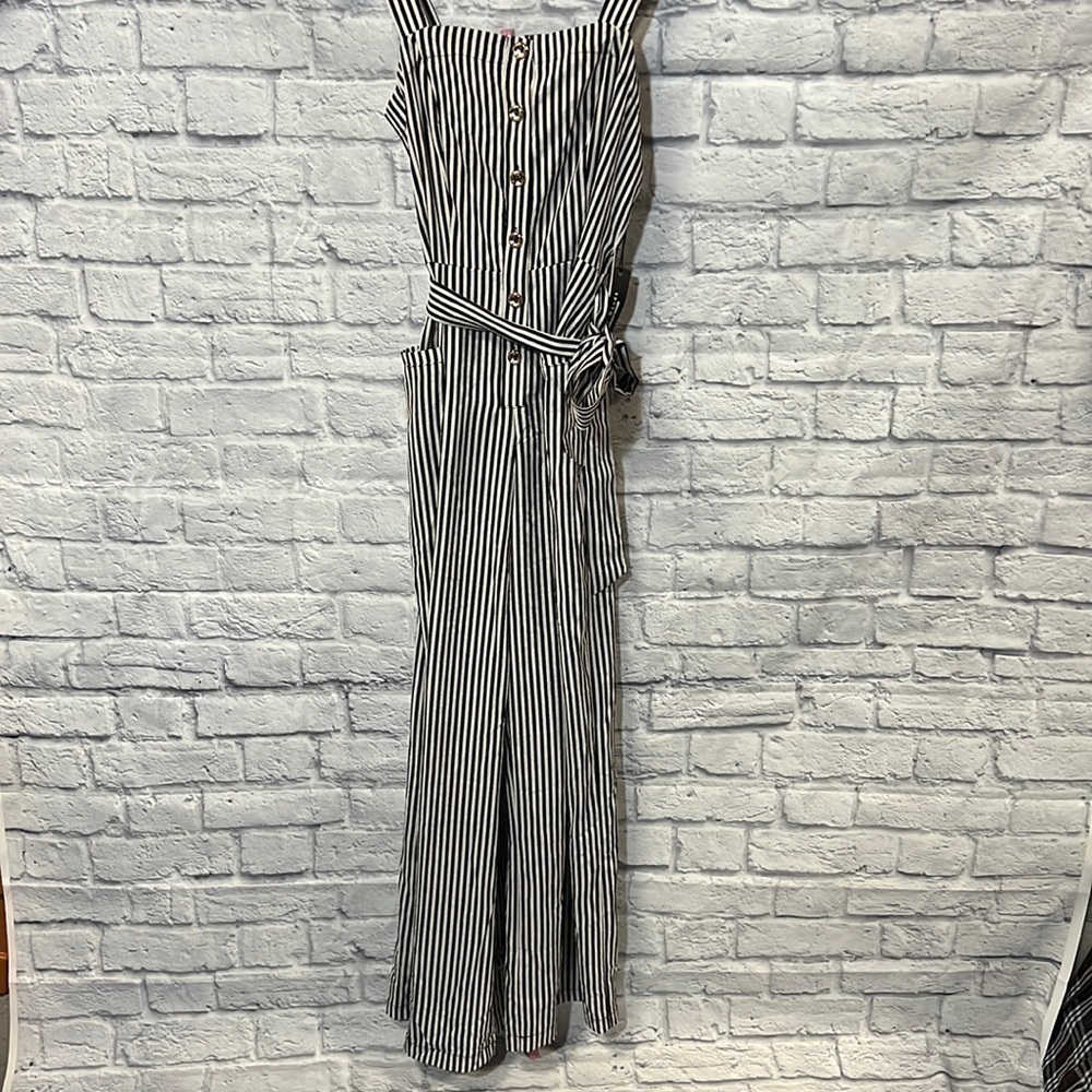 HAUTE MONDE striped belted jumpsuit | size large | color black/white